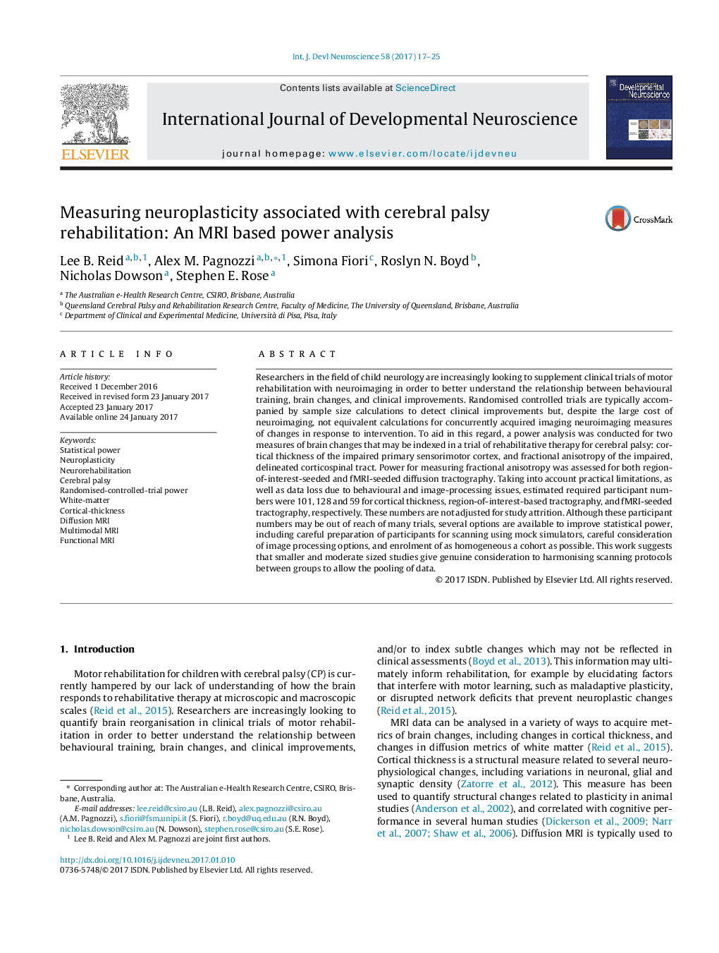 Measuring neuroplasticity associated with cerebral palsy rehabilitation: An MRI based power analysis