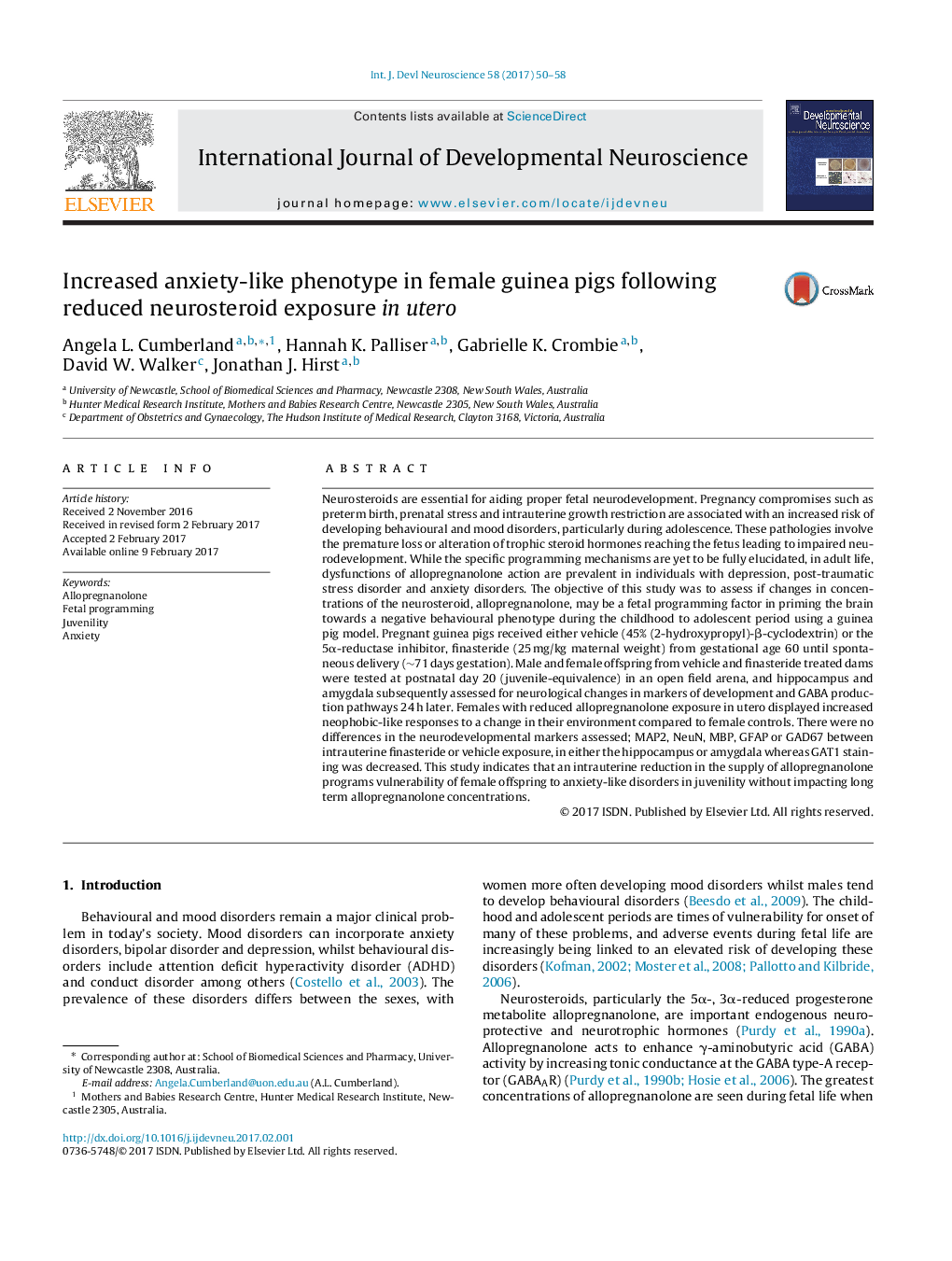 Increased anxiety-like phenotype in female guinea pigs following reduced neurosteroid exposure in utero