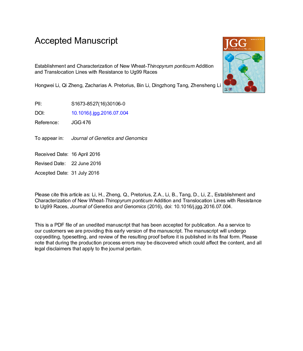 Establishment and characterization of new wheat-Thinopyrum ponticum addition and translocation lines with resistance to Ug99 races