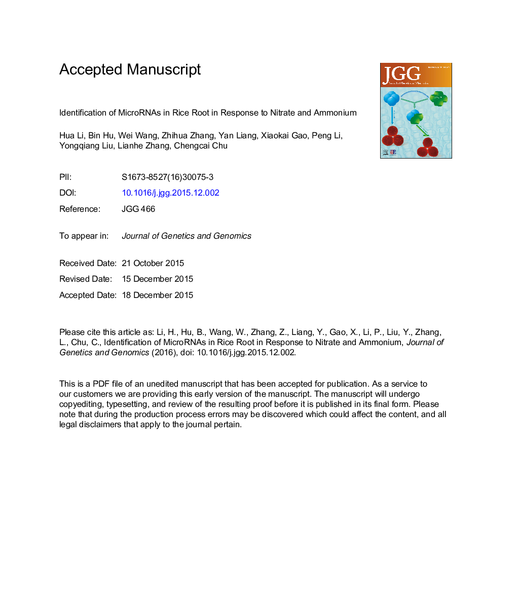 Identification of microRNAs in rice root in response to nitrate and ammonium