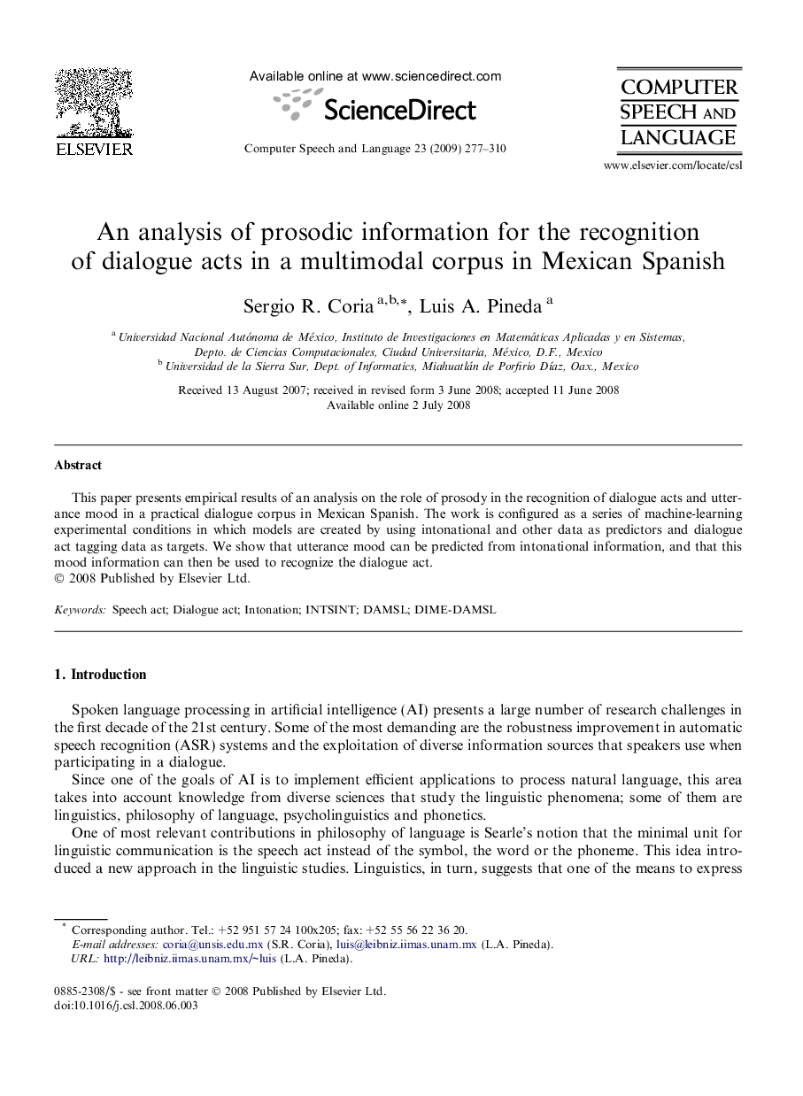 An analysis of prosodic information for the recognition of dialogue acts in a multimodal corpus in Mexican Spanish