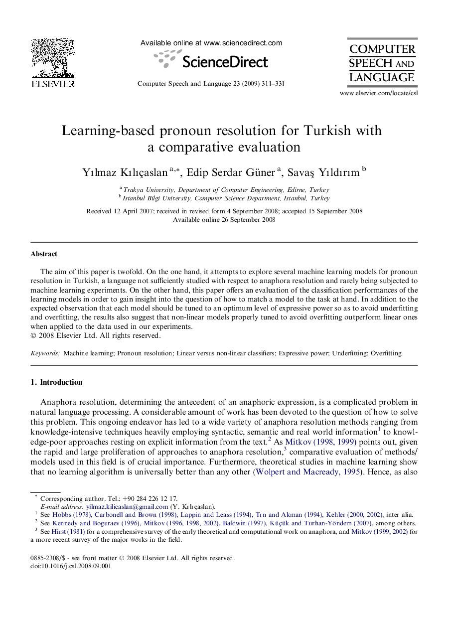 Learning-based pronoun resolution for Turkish with a comparative evaluation