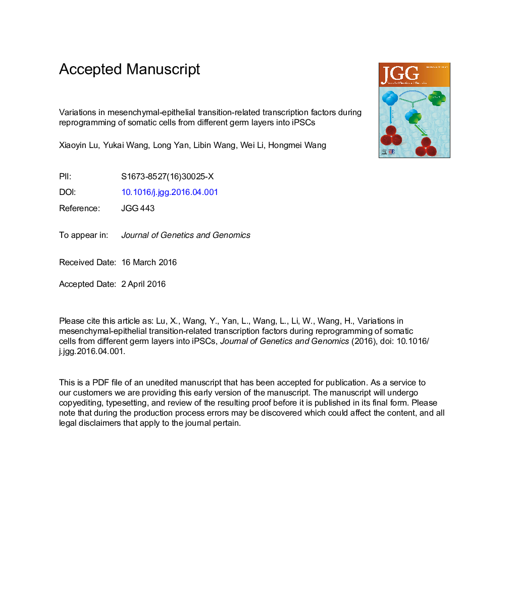 Variations in mesenchymal-epithelial transition-related transcription factors during reprogramming of somatic cells from different germ layers into iPSCs
