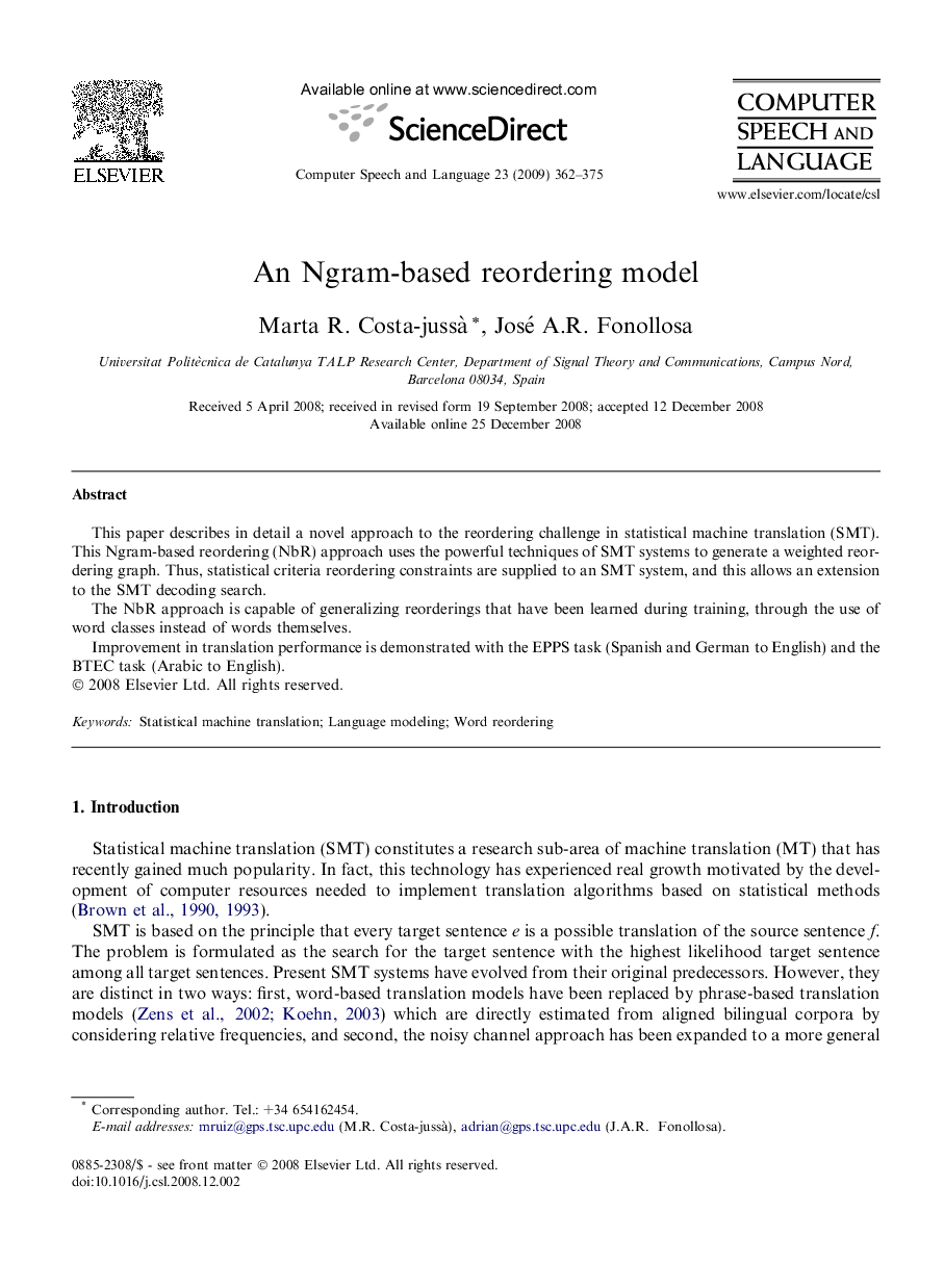 An Ngram-based reordering model