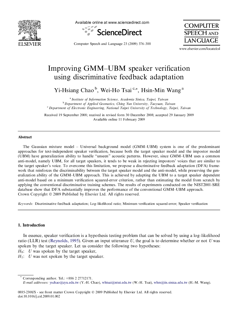 Improving GMM–UBM speaker verification using discriminative feedback adaptation