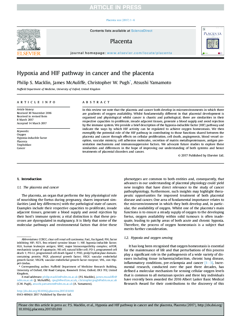 Hypoxia and HIF pathway in cancer and the placenta