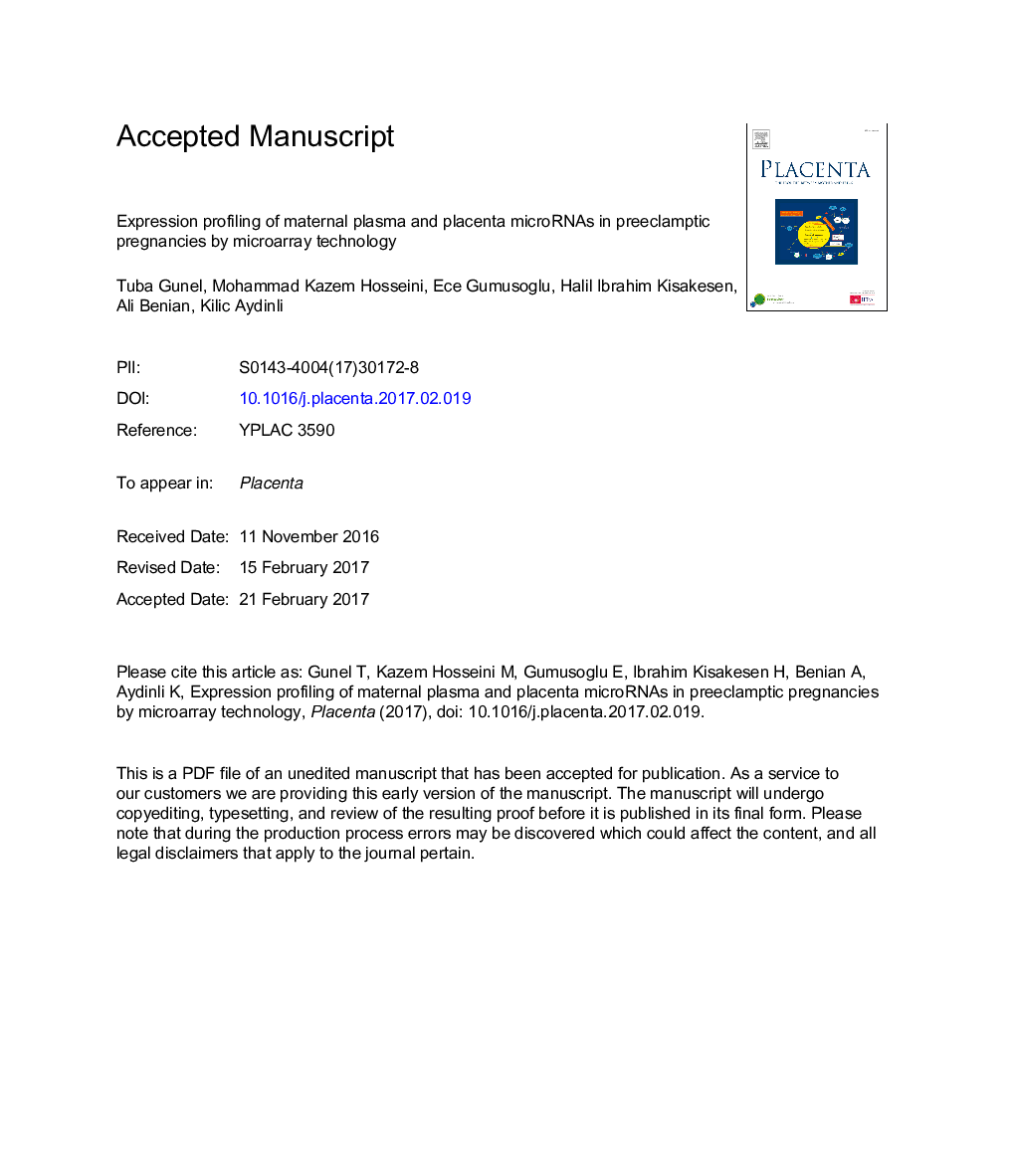 Expression profiling of maternal plasma and placenta microRNAs in preeclamptic pregnancies by microarray technology