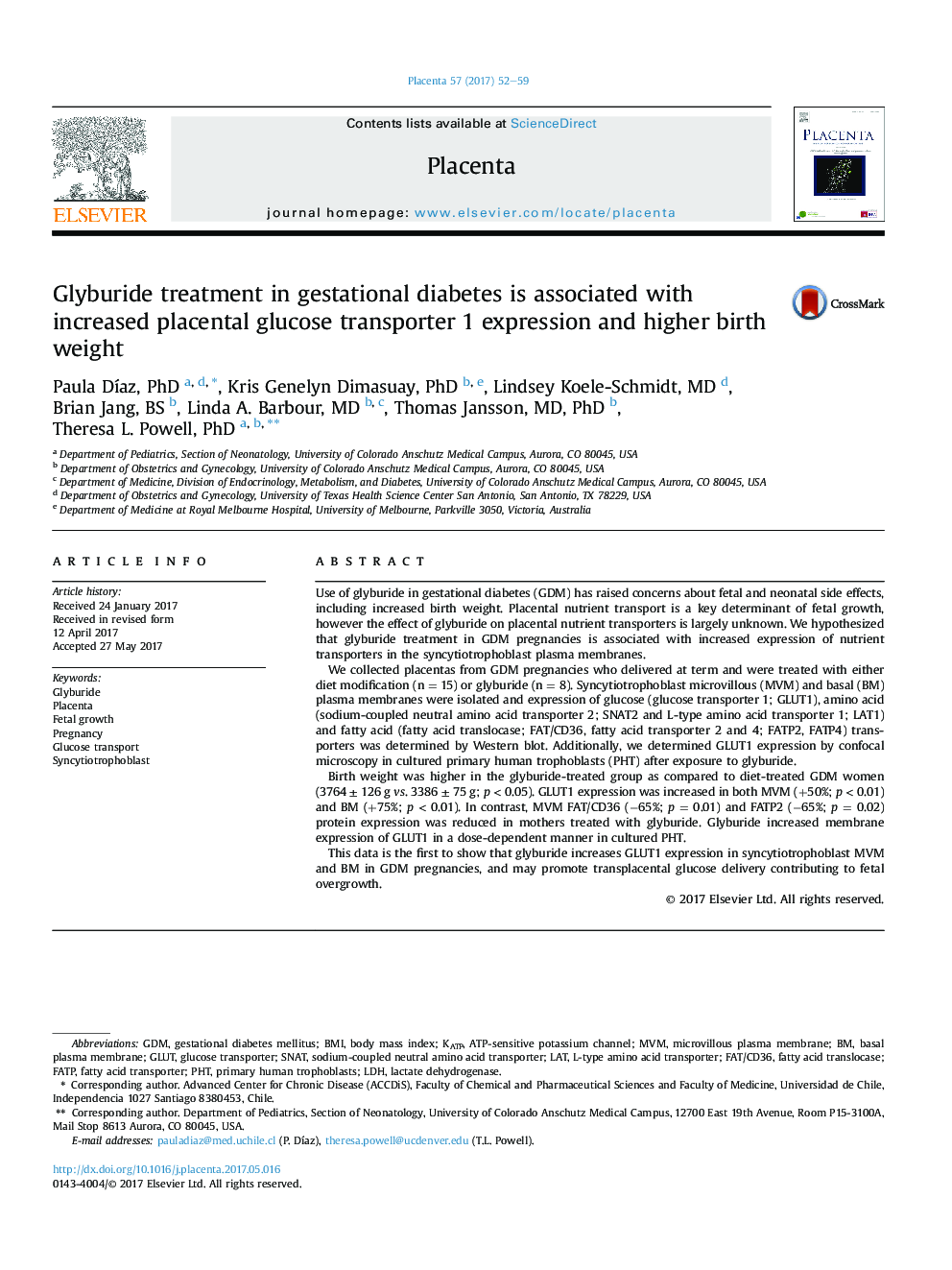 Glyburide treatment in gestational diabetes is associated with increased placental glucose transporter 1 expression and higher birth weight