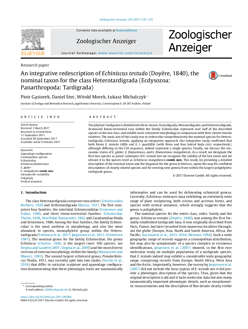 An integrative redescription of Echiniscus testudo (DoyÃ¨re, 1840), the nominal taxon for the class Heterotardigrada (Ecdysozoa: Panarthropoda: Tardigrada)