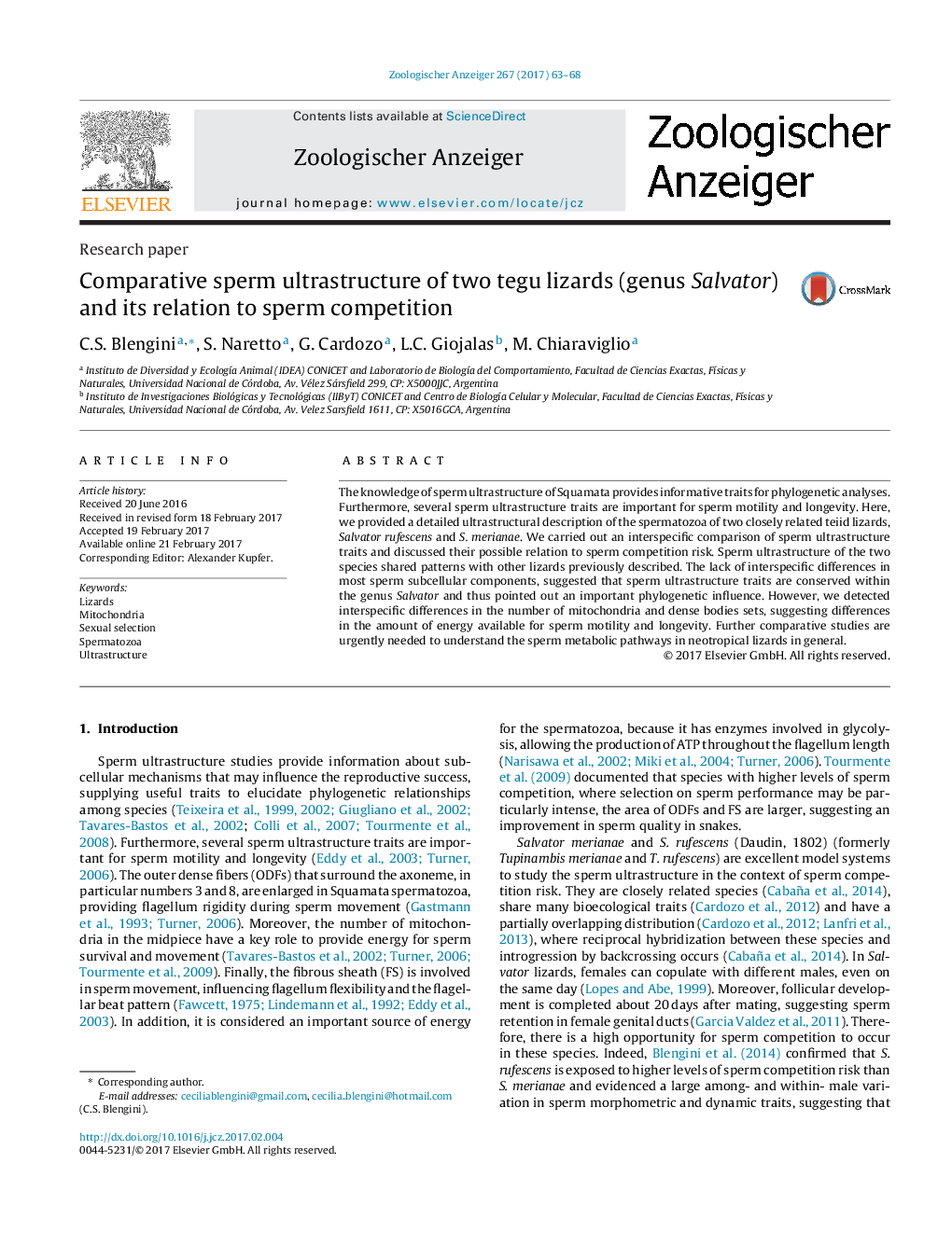 Research paperComparative sperm ultrastructure of two tegu lizards (genus Salvator) and its relation to sperm competition