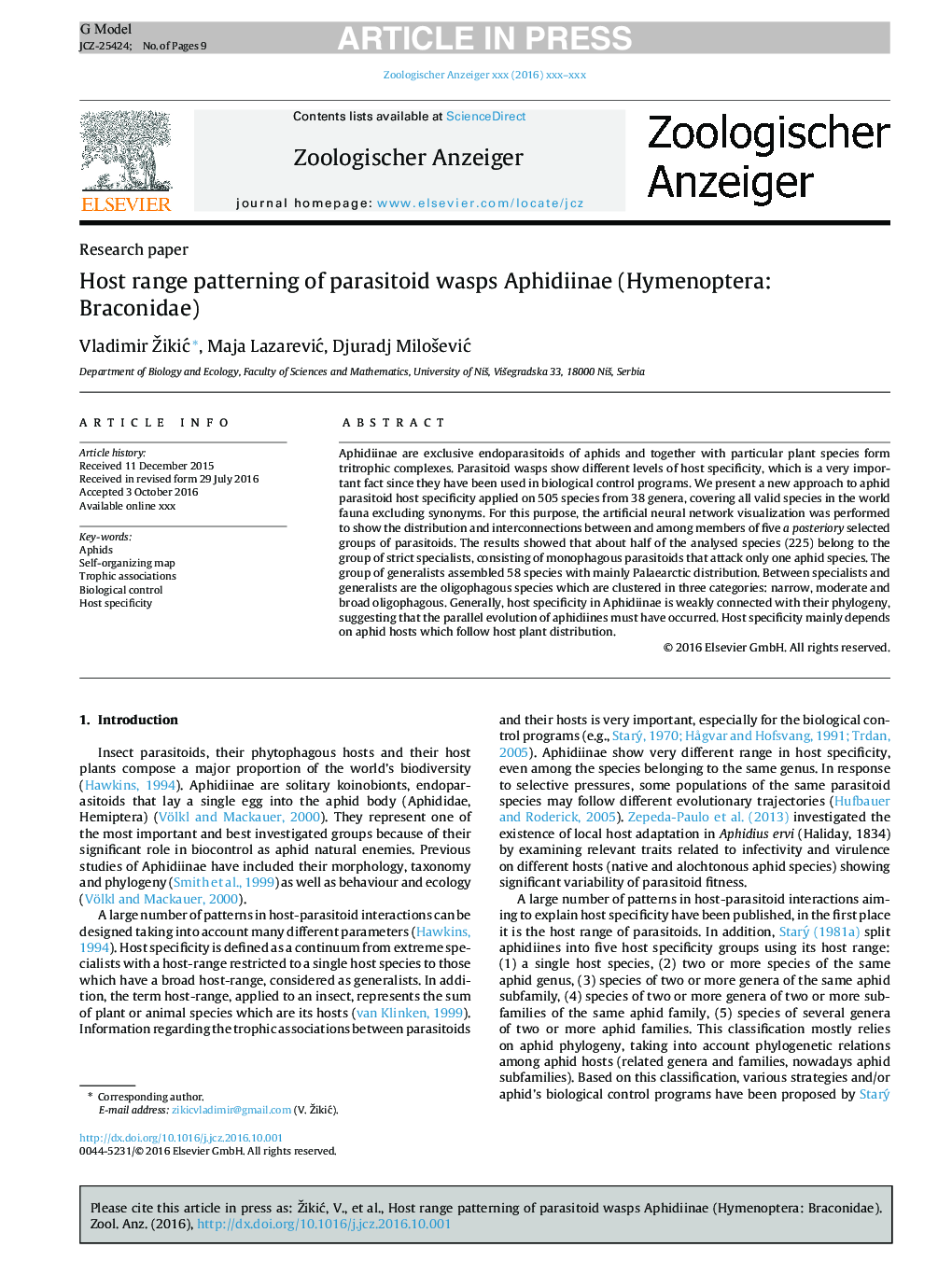 Host range patterning of parasitoid wasps Aphidiinae (Hymenoptera: Braconidae)