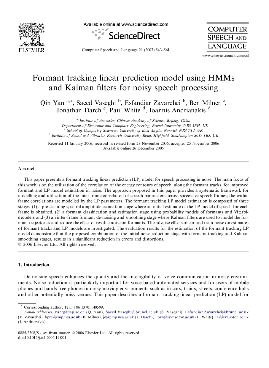 Formant tracking linear prediction model using HMMs and Kalman filters for noisy speech processing