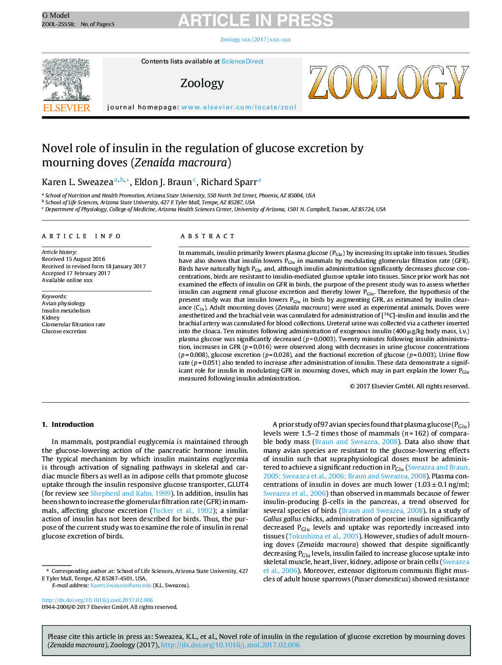 Novel role of insulin in the regulation of glucose excretion by mourning doves (Zenaida macroura)