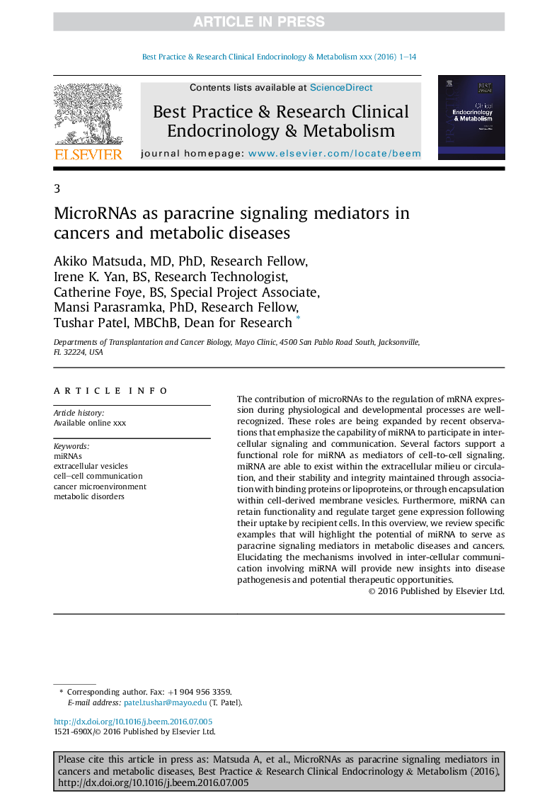 MicroRNAs as paracrine signaling mediators in cancers and metabolic diseases