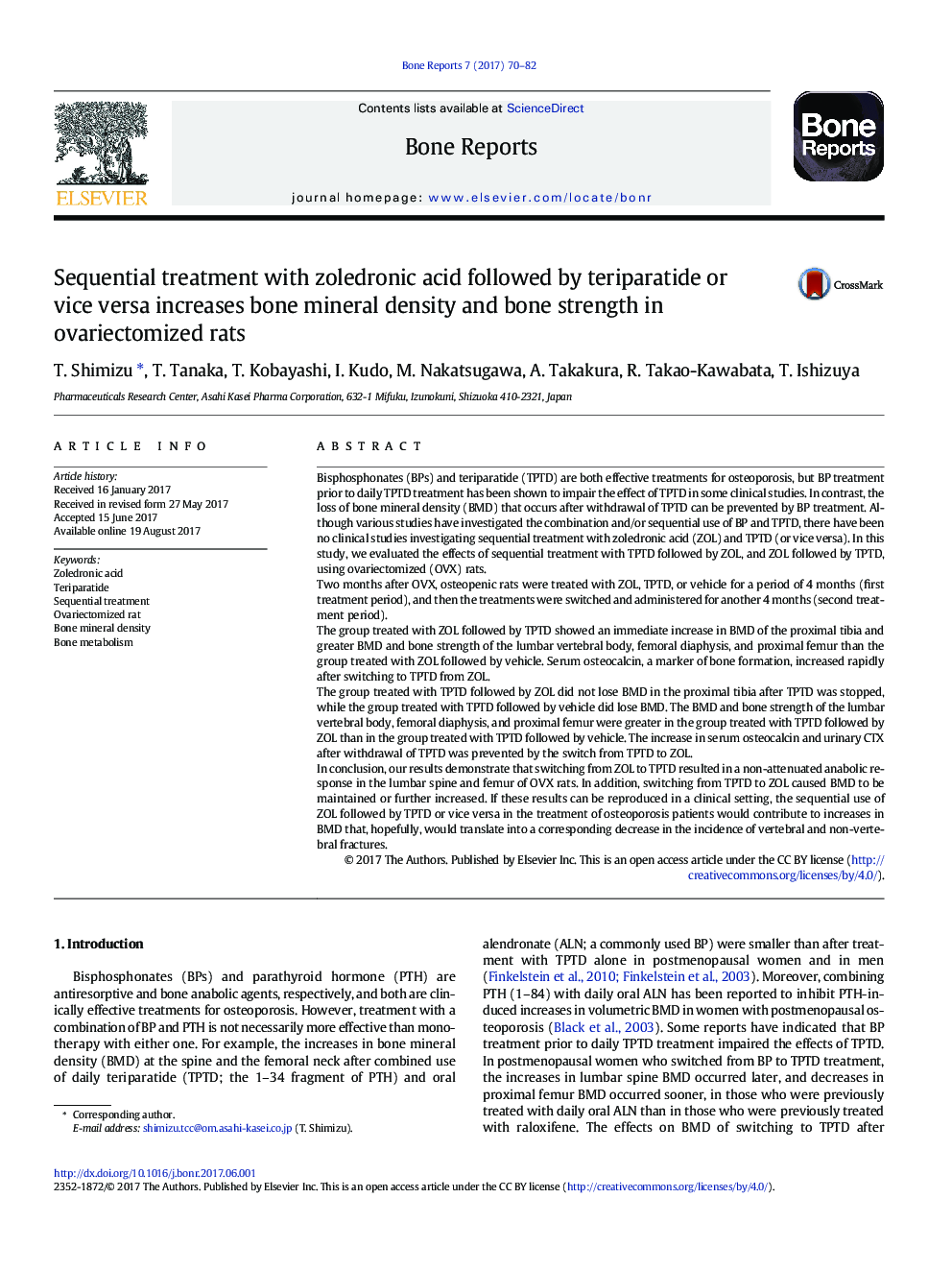 Sequential treatment with zoledronic acid followed by teriparatide or vice versa increases bone mineral density and bone strength in ovariectomized rats