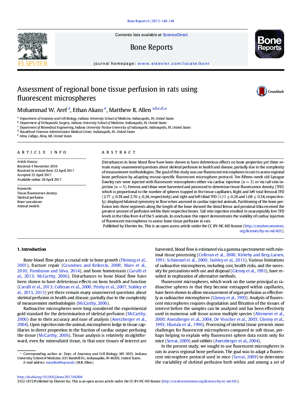 Assessment of regional bone tissue perfusion in rats using fluorescent microspheres