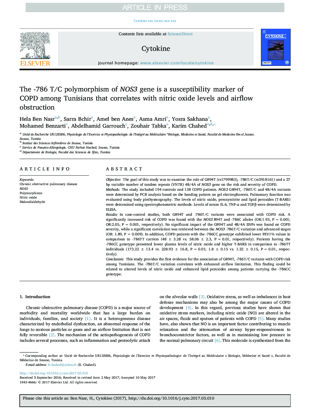 عکس صفحه اول مقاله: The -786 T/C polymorphism of NOS3 gene is a susceptibility marker of COPD among Tunisians that correlates with nitric oxide levels and airflow obstruction The -786 T/C polymorphism of NOS3 gene is a susceptibility marker of COPD among Tunisians that correlates with nitric oxide levels and airflow obstruction