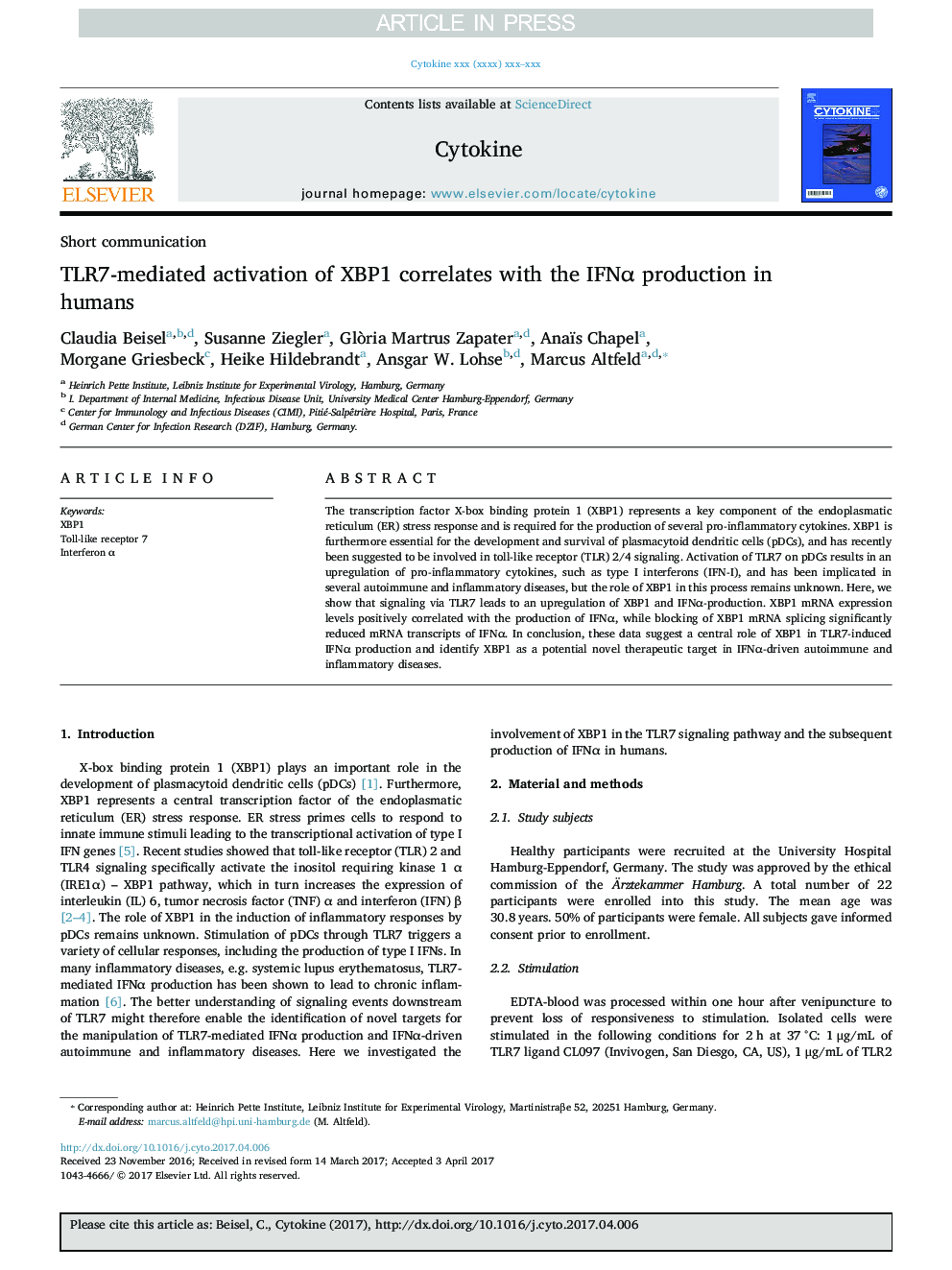 عکس صفحه اول مقاله: TLR7-mediated activation of XBP1 correlates with the IFNα production in humans TLR7-mediated activation of XBP1 correlates with the IFNα production in humans