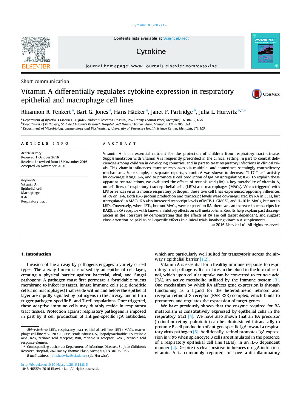 Vitamin A differentially regulates cytokine expression in respiratory epithelial and macrophage cell lines