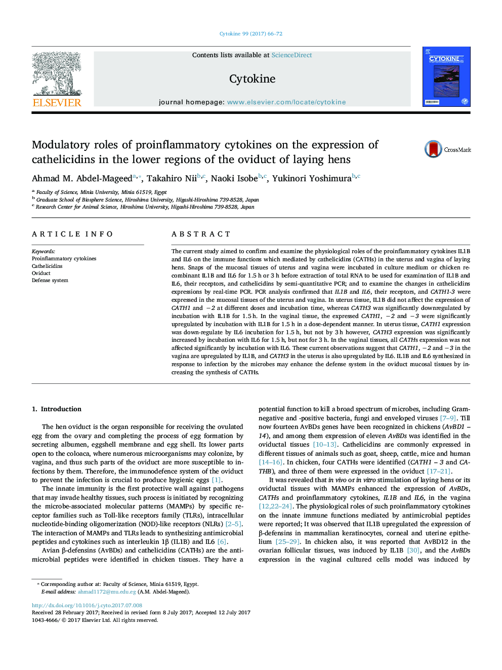 Modulatory roles of proinflammatory cytokines on the expression of cathelicidins in the lower regions of the oviduct of laying hens