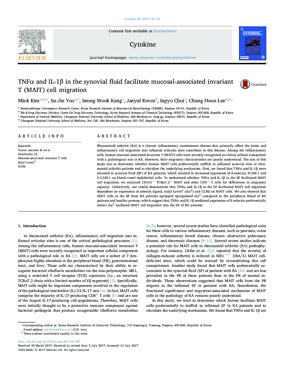 TNFÎ± and IL-1Î² in the synovial fluid facilitate mucosal-associated invariant T (MAIT) cell migration