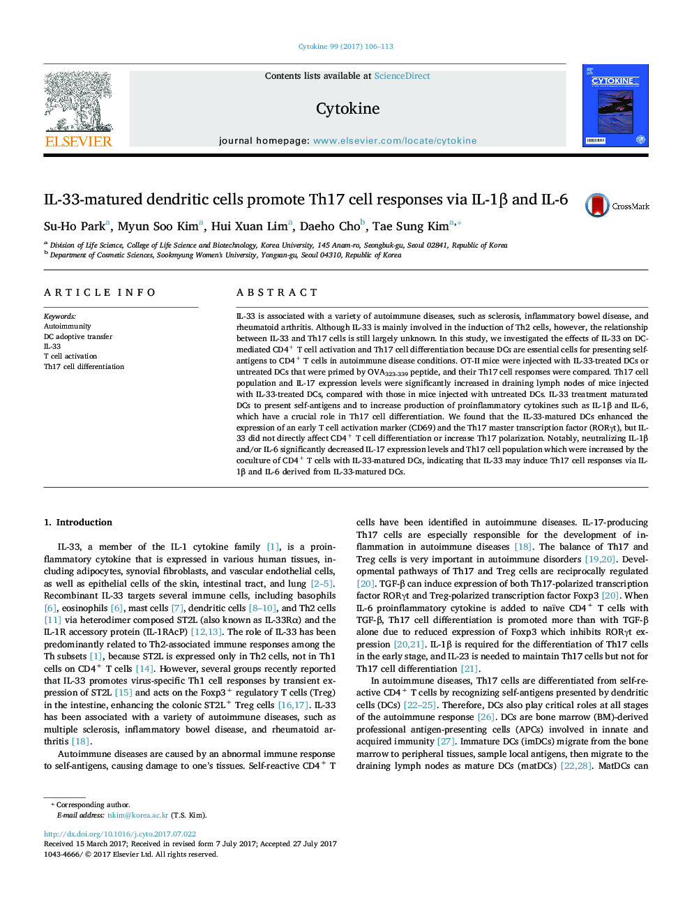 IL-33-matured dendritic cells promote Th17 cell responses via IL-1Î² and IL-6