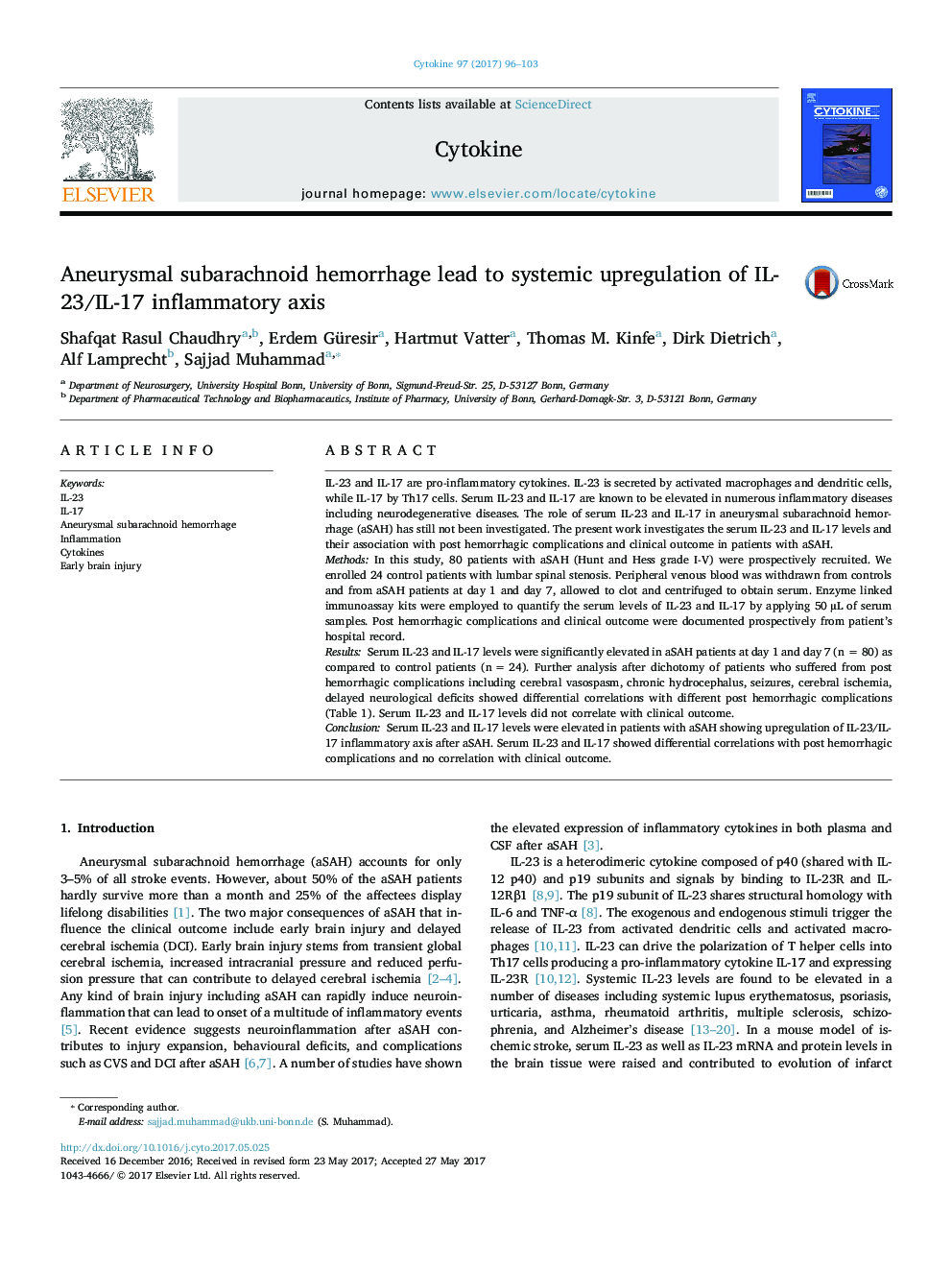 Aneurysmal subarachnoid hemorrhage lead to systemic upregulation of IL-23/IL-17 inflammatory axis