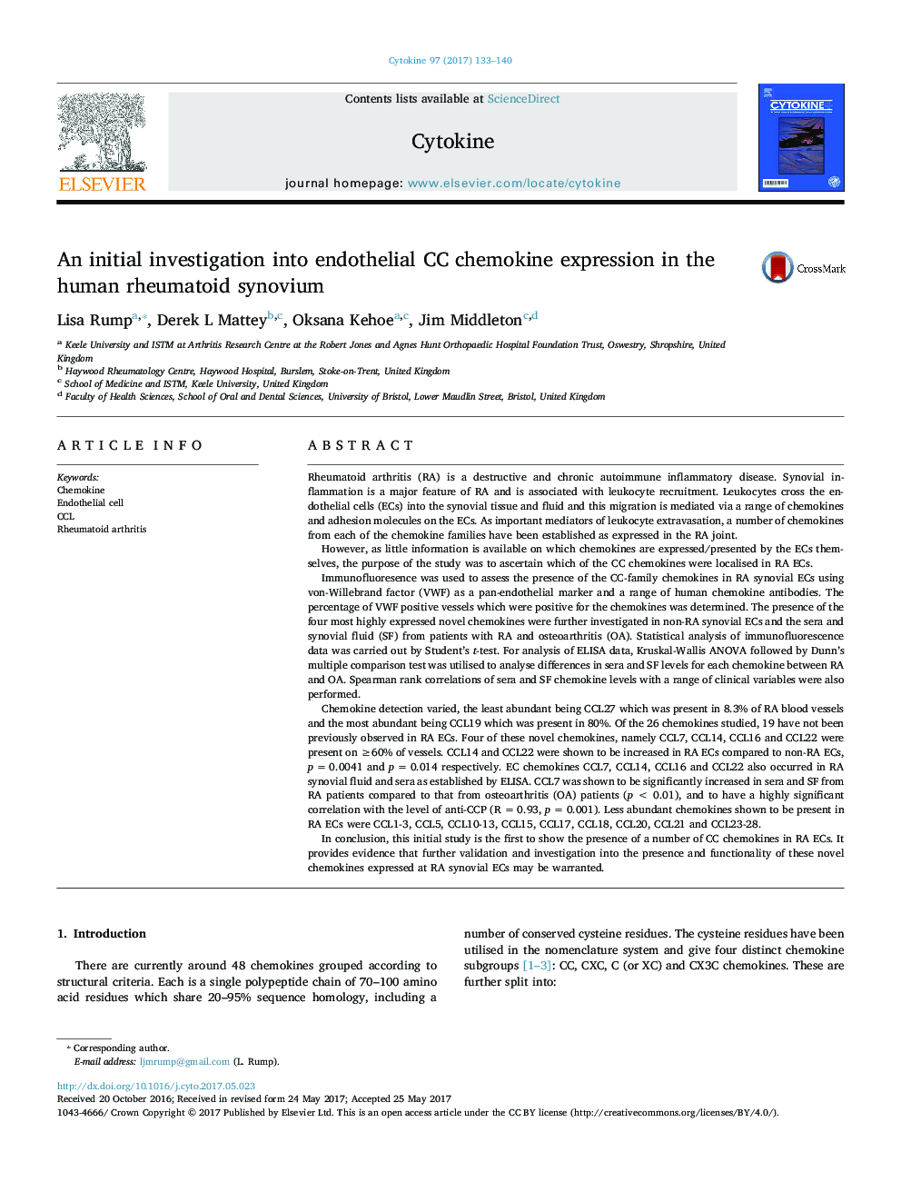 An initial investigation into endothelial CC chemokine expression in the human rheumatoid synovium