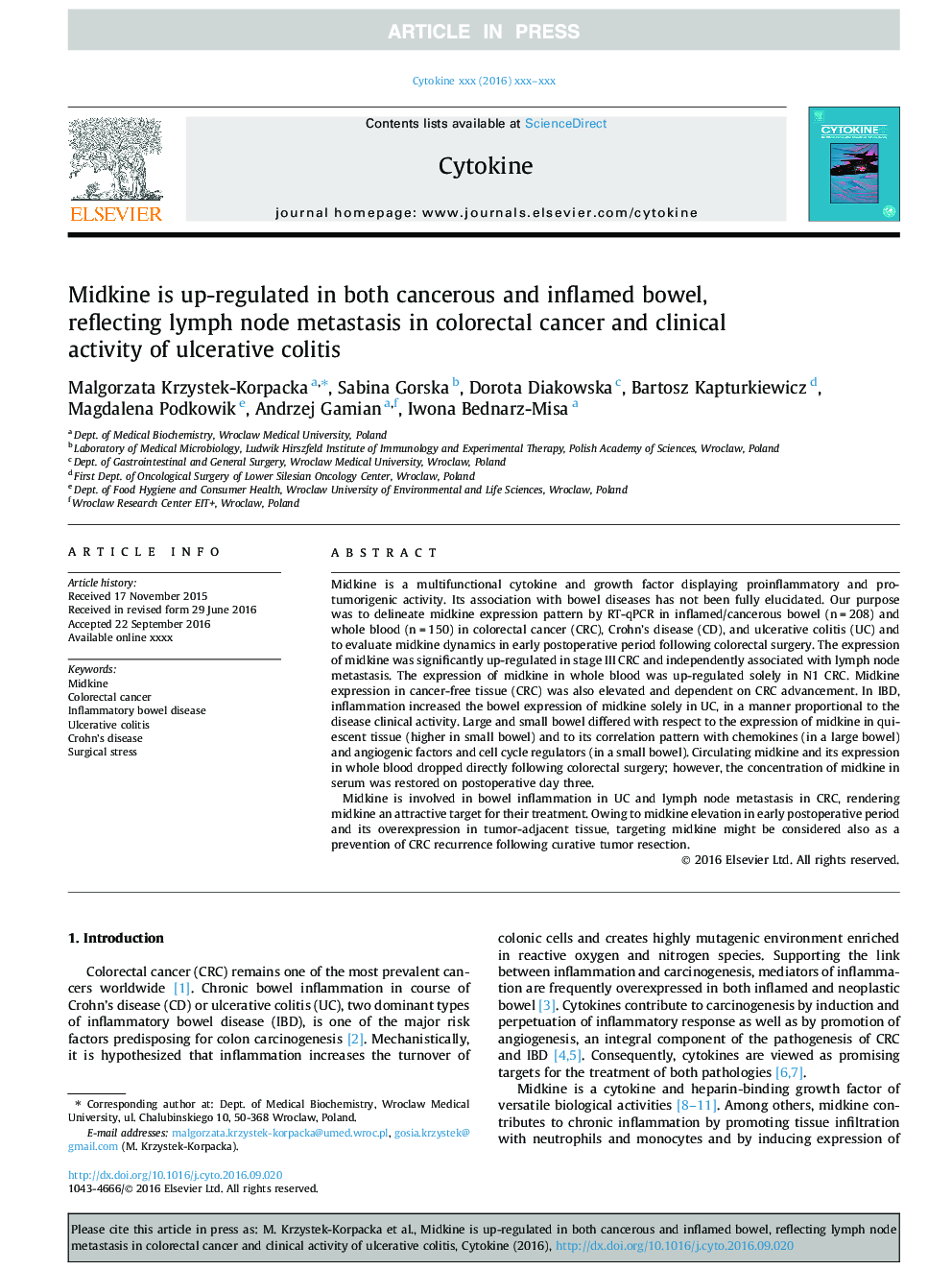 Midkine is up-regulated in both cancerous and inflamed bowel, reflecting lymph node metastasis in colorectal cancer and clinical activity of ulcerative colitis