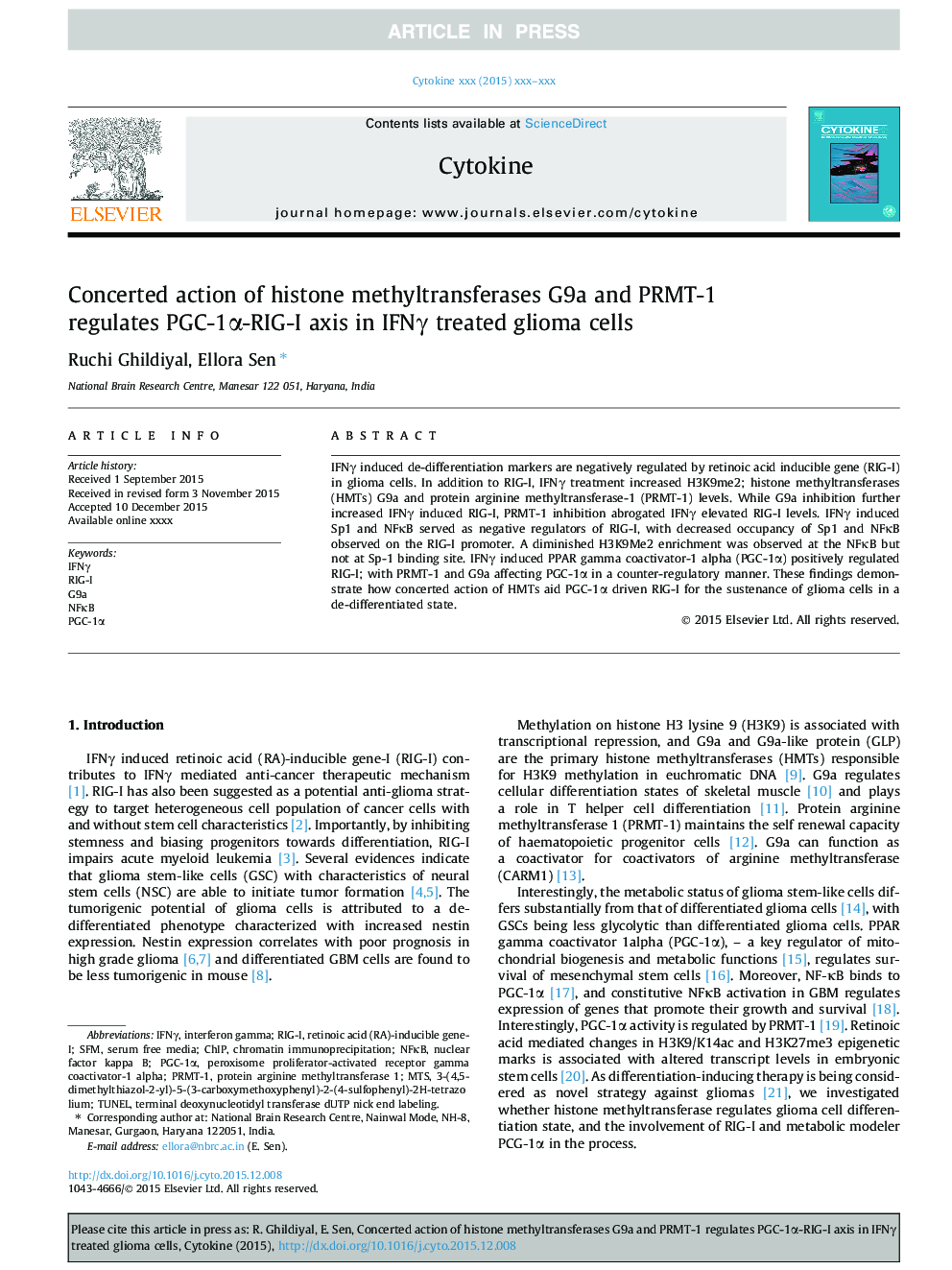 Concerted action of histone methyltransferases G9a and PRMT-1 regulates PGC-1Î±-RIG-I axis in IFNÎ³ treated glioma cells