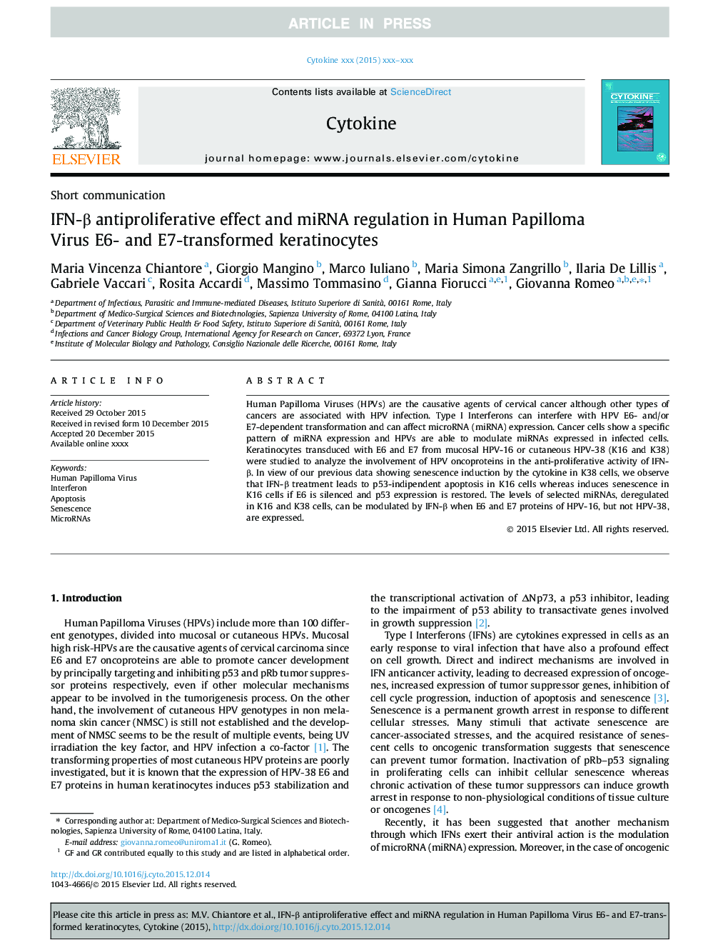 IFN-Î² antiproliferative effect and miRNA regulation in Human Papilloma Virus E6- and E7-transformed keratinocytes