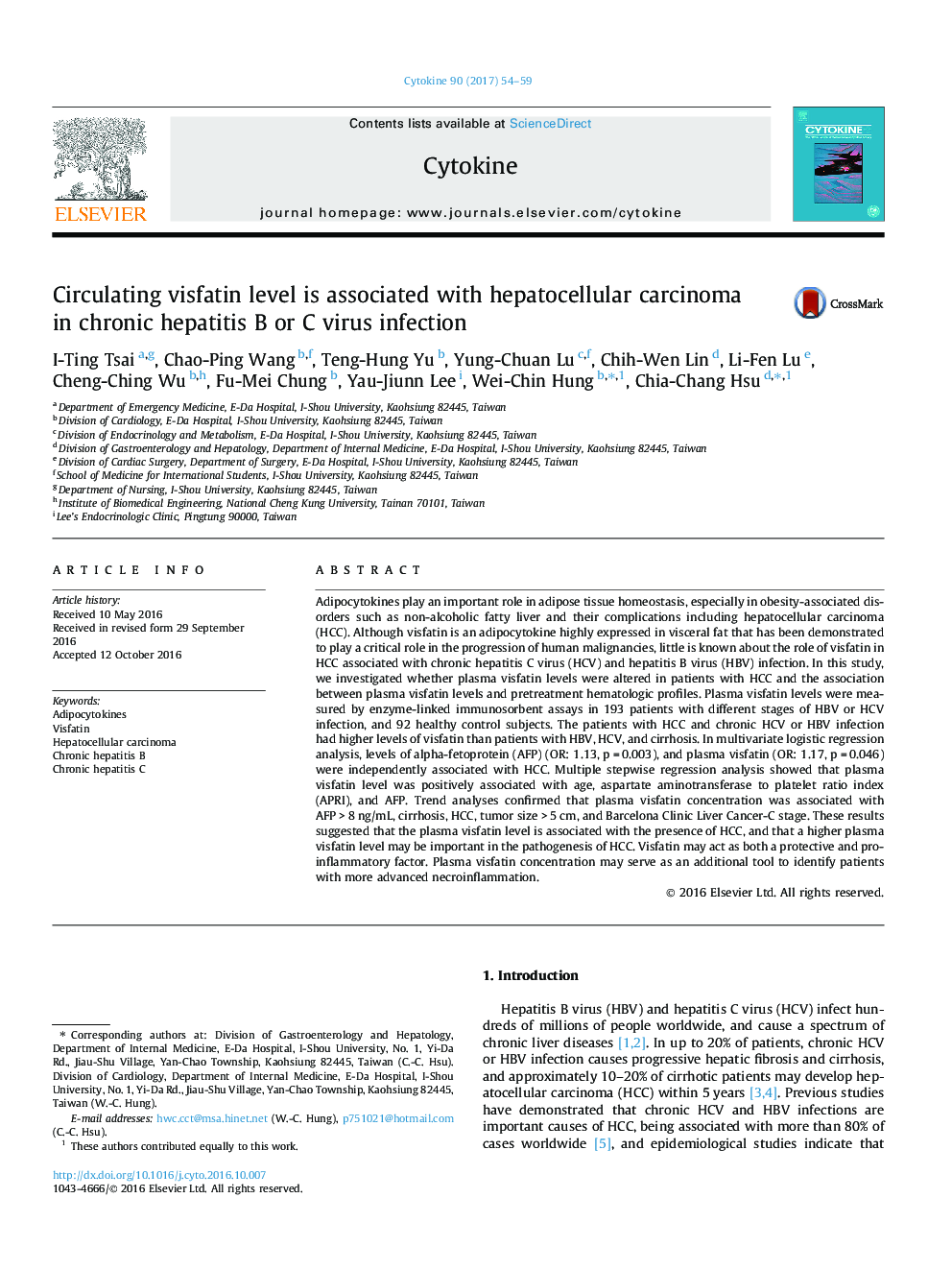 Circulating visfatin level is associated with hepatocellular carcinoma in chronic hepatitis B or C virus infection