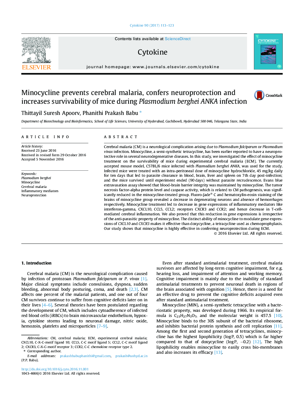 Minocycline prevents cerebral malaria, confers neuroprotection and increases survivability of mice during Plasmodium berghei ANKA infection