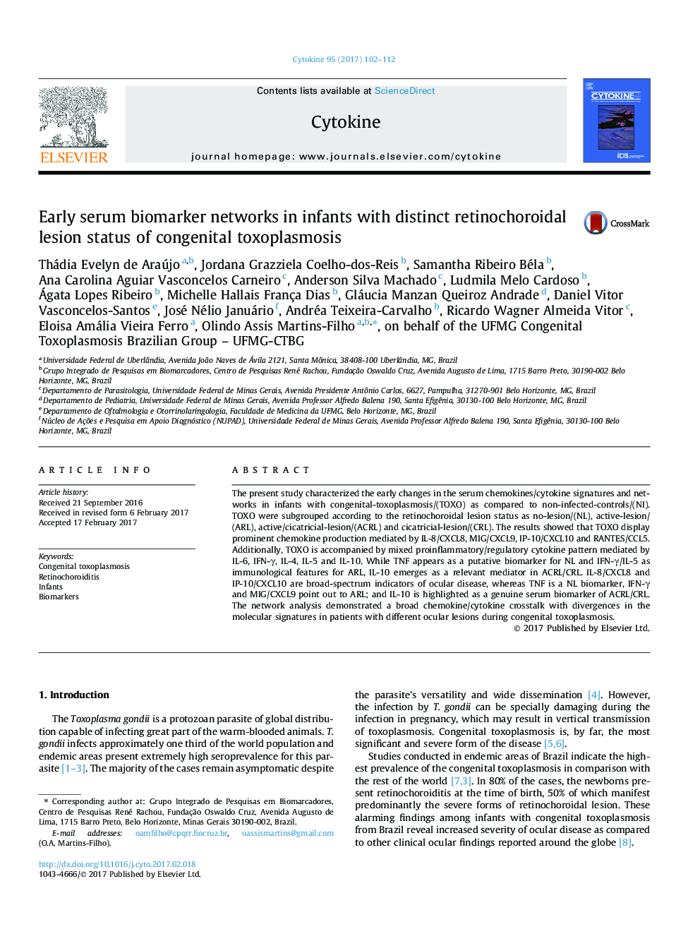 Early serum biomarker networks in infants with distinct retinochoroidal lesion status of congenital toxoplasmosis