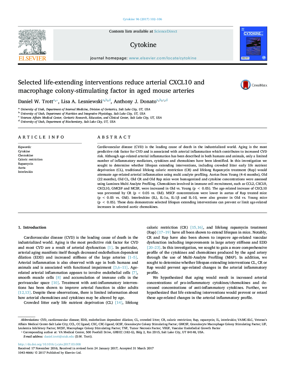 Selected life-extending interventions reduce arterial CXCL10 and macrophage colony-stimulating factor in aged mouse arteries