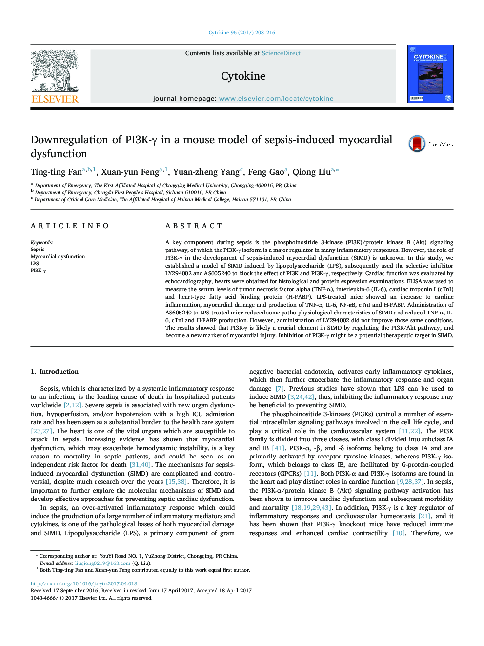 Downregulation of PI3K-Î³ in a mouse model of sepsis-induced myocardial dysfunction