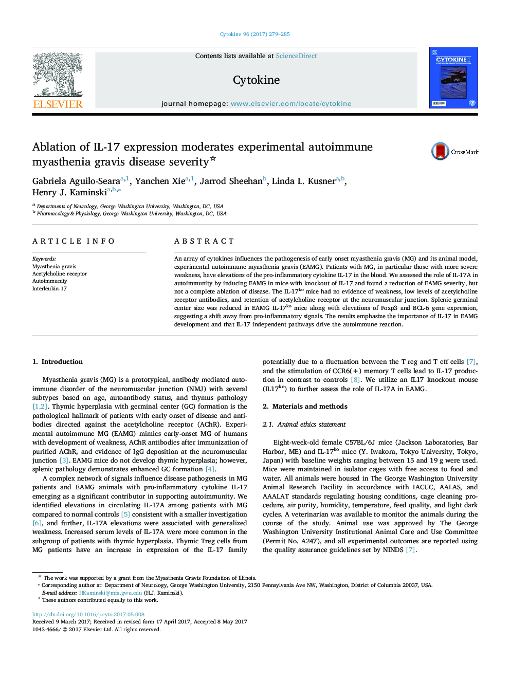 Ablation of IL-17 expression moderates experimental autoimmune myasthenia gravis disease severity