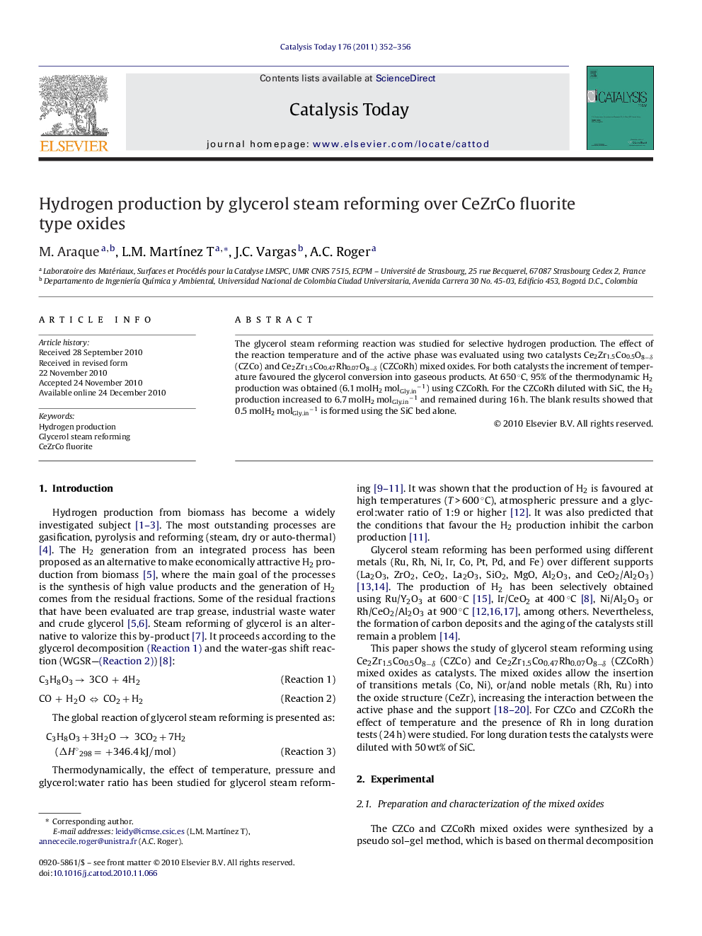 Hydrogen production by glycerol steam reforming over CeZrCo fluorite type oxides