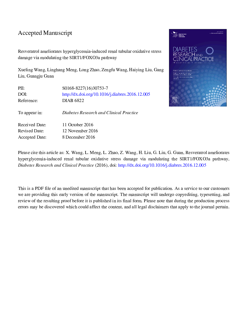 Resveratrol ameliorates hyperglycemia-induced renal tubular oxidative stress damage via modulating the SIRT1/FOXO3a pathway