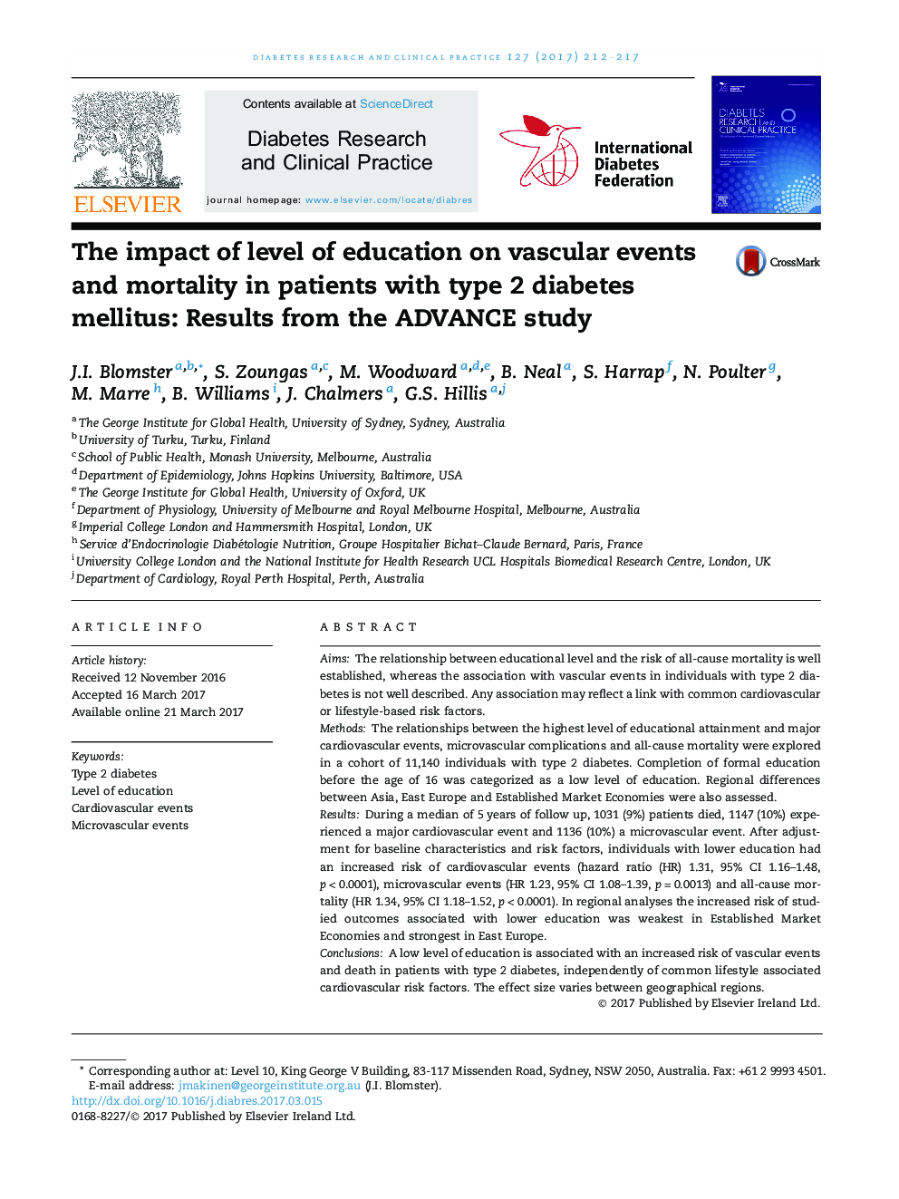 The impact of level of education on vascular events and mortality in patients with type 2 diabetes mellitus: Results from the ADVANCE study