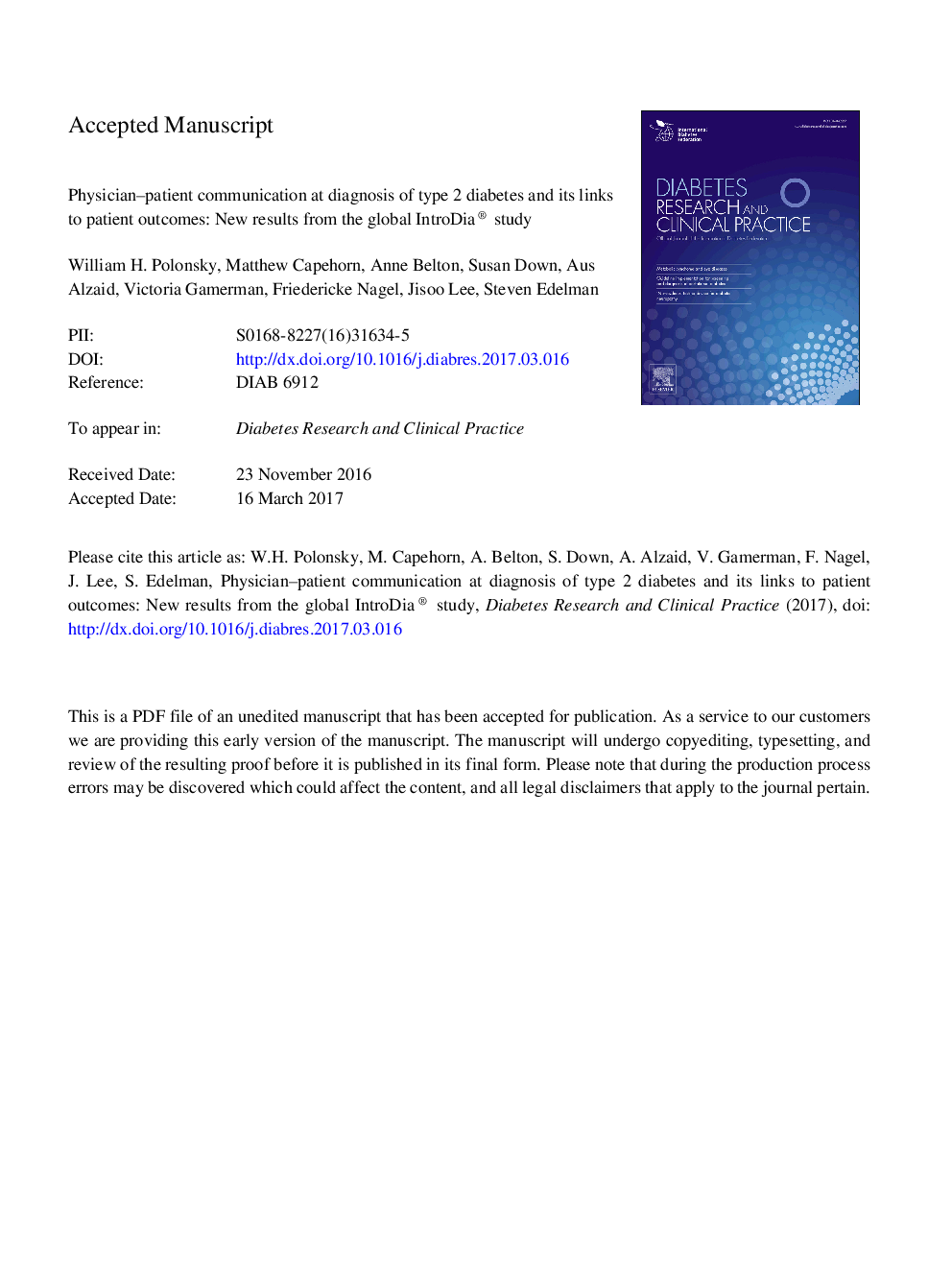 Physician-patient communication at diagnosis of type 2 diabetes and its links to patient outcomes: New results from the global IntroDia® study