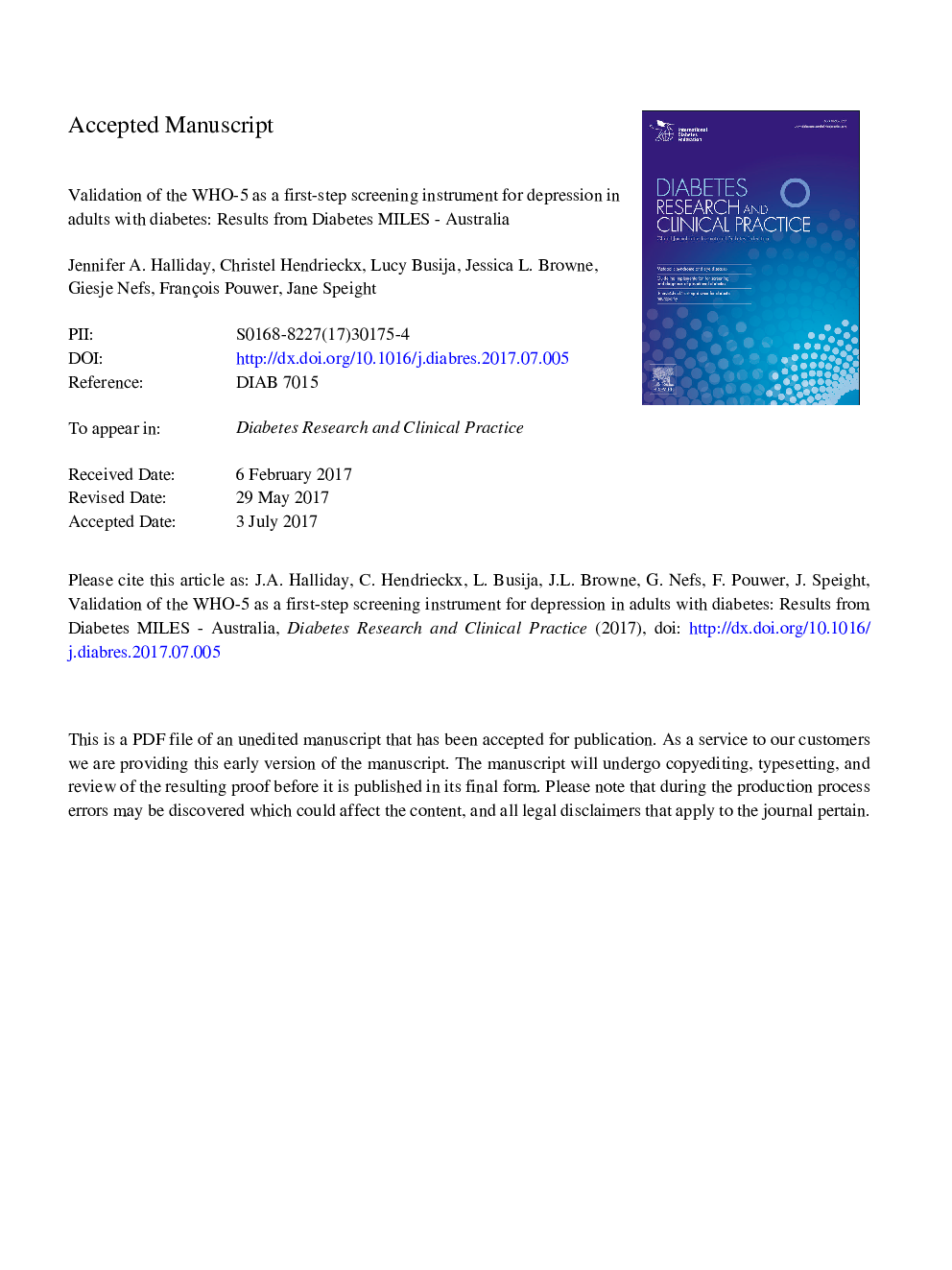 Validation of the WHO-5 as a first-step screening instrument for depression in adults with diabetes: Results from Diabetes MILES - Australia