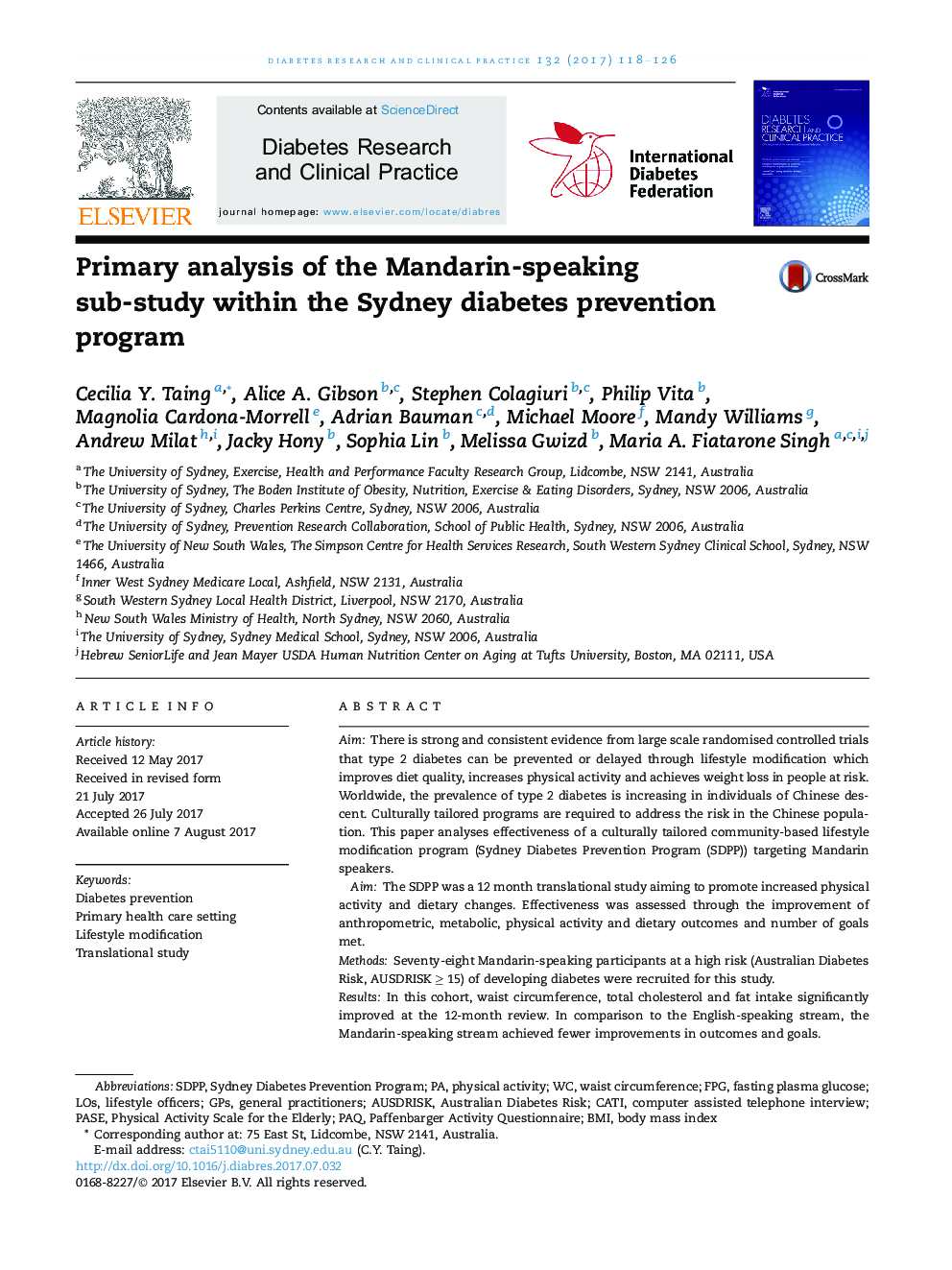 Primary analysis of the Mandarin-speaking sub-study within the Sydney diabetes prevention program