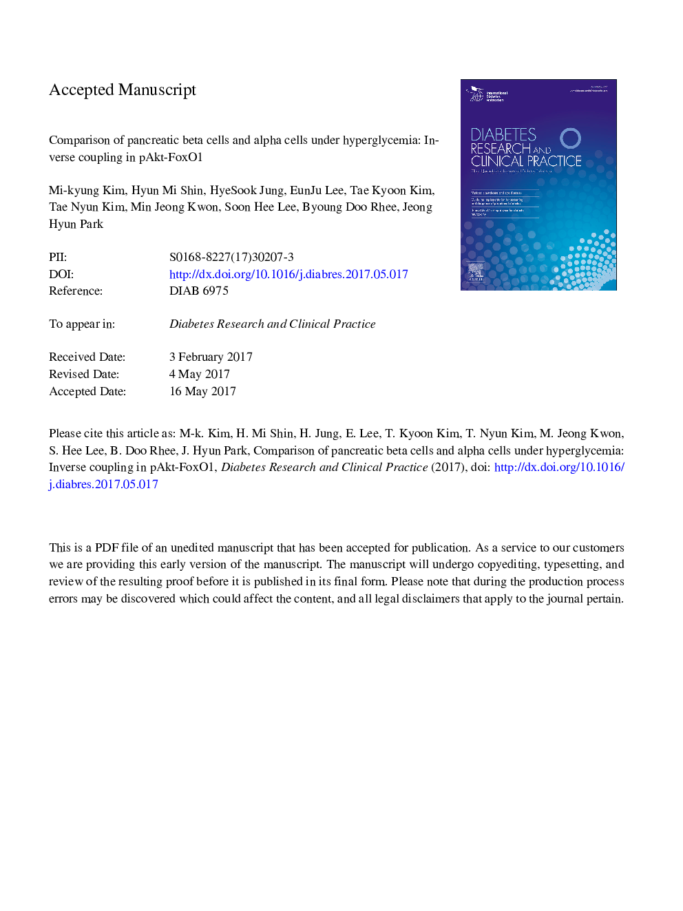 Comparison of pancreatic beta cells and alpha cells under hyperglycemia: Inverse coupling in pAkt-FoxO1