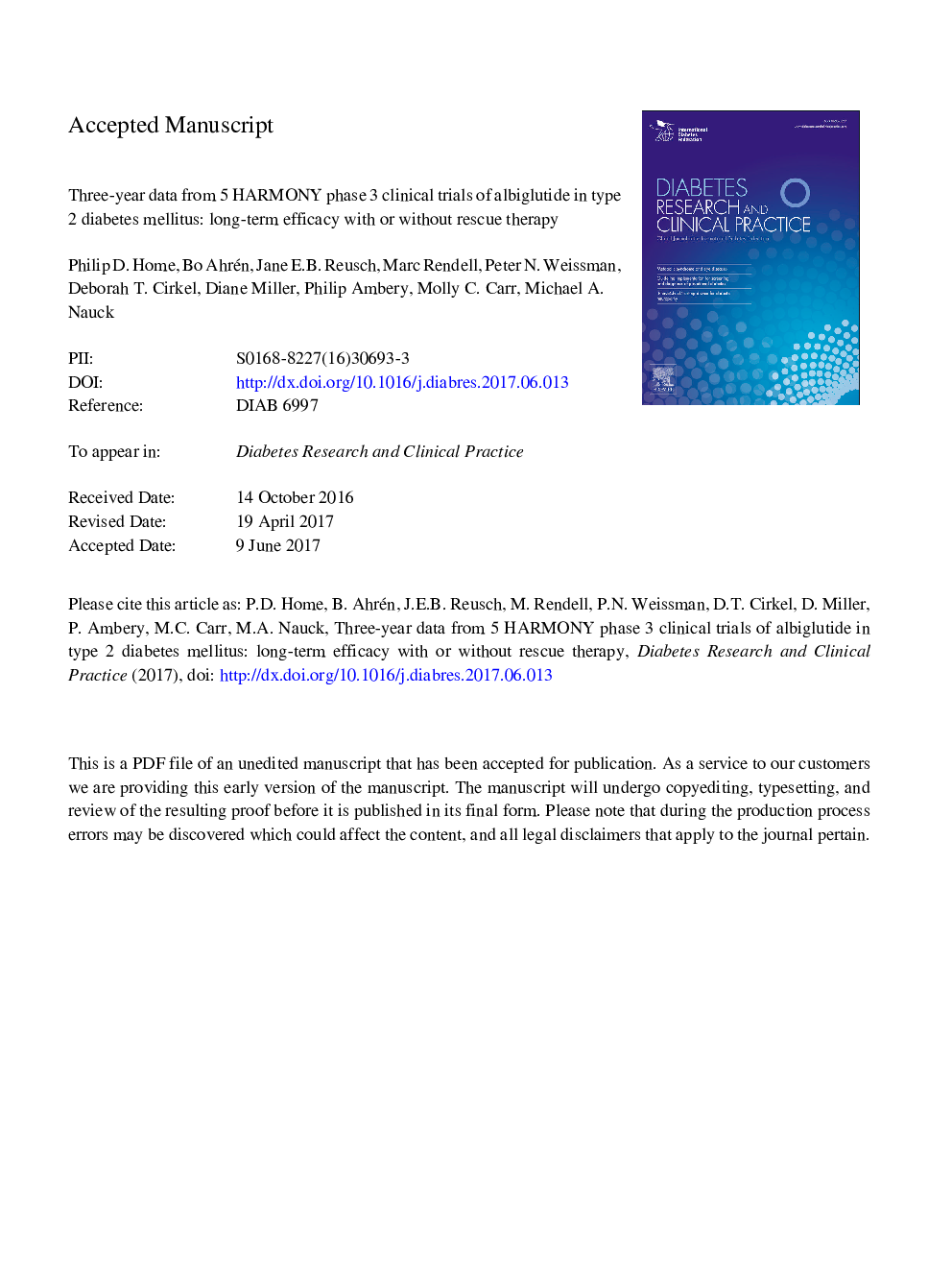 Three-year data from 5 HARMONY phase 3 clinical trials of albiglutide in type 2 diabetes mellitus: Long-term efficacy with or without rescue therapy