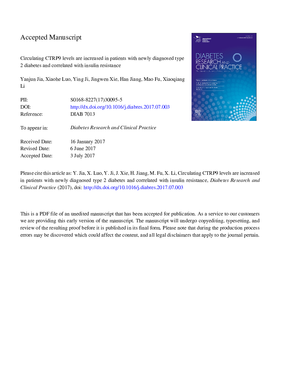 Circulating CTRP9 levels are increased in patients with newly diagnosed type 2 diabetes and correlated with insulin resistance