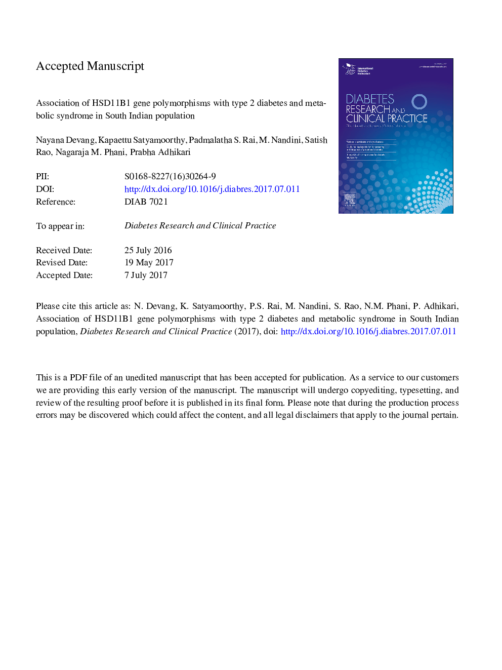 Association of HSD11B1 gene polymorphisms with type 2 diabetes and metabolic syndrome in South Indian population