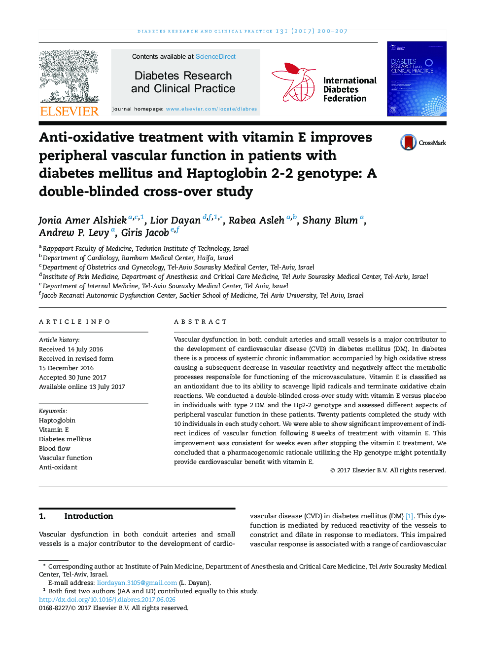 Anti-oxidative treatment with vitamin E improves peripheral vascular function in patients with diabetes mellitus and Haptoglobin 2-2 genotype: A double-blinded cross-over study