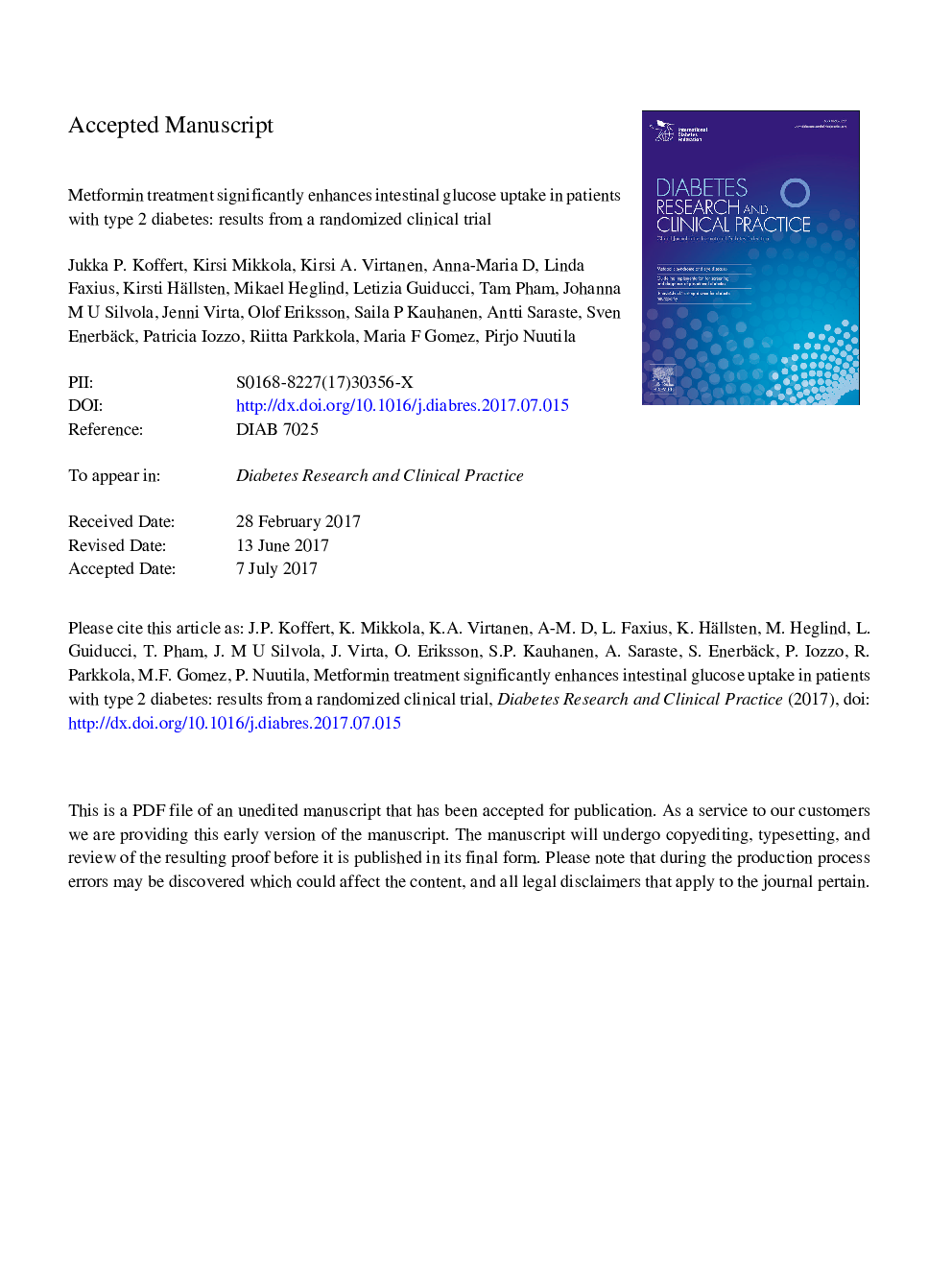 Metformin treatment significantly enhances intestinal glucose uptake in patients with type 2 diabetes: Results from a randomized clinical trial