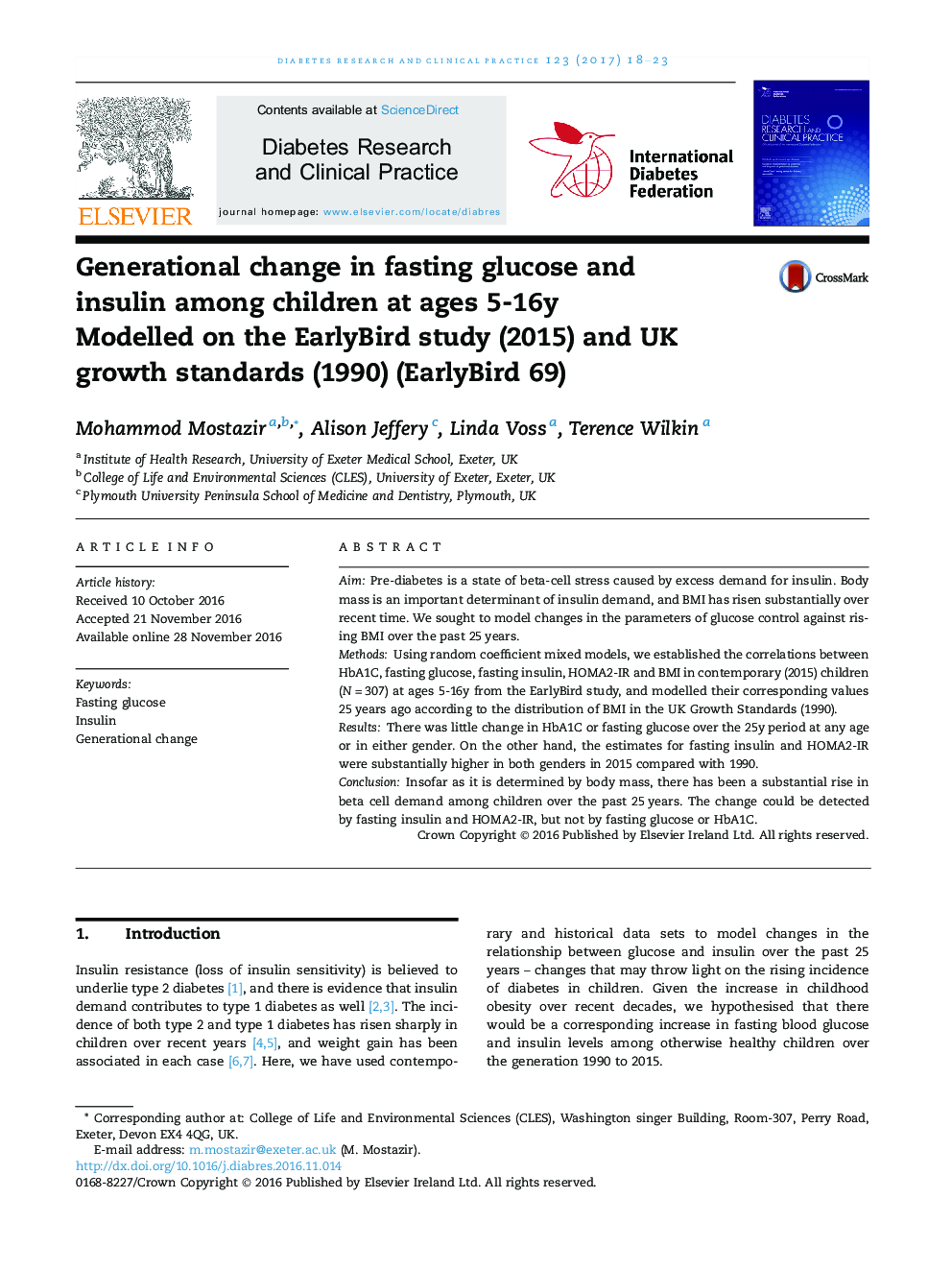 Generational change in fasting glucose and insulin among children at ages 5-16y: Modelled on the EarlyBird study (2015) and UK growth standards (1990) (EarlyBird 69)
